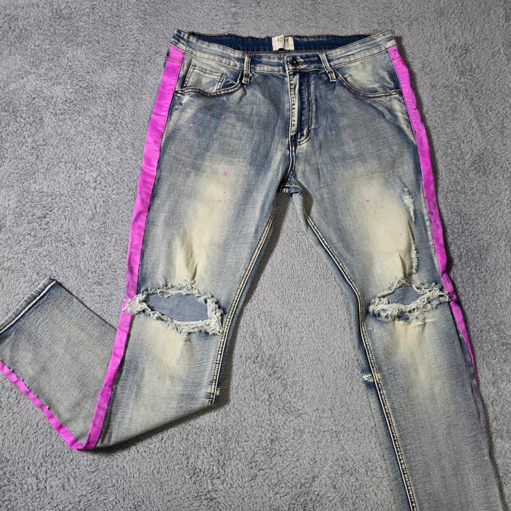 KDNK Mens 36 Jeans Light Wash Pink Side Stripe Distressed Paint Splatter Slim